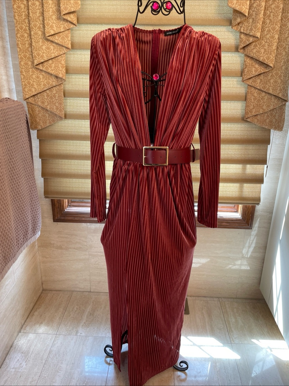 Double Crazy Burgundy Ribbed Velvet Long Sleeve V-Plunge Front Maxi Dress Size M